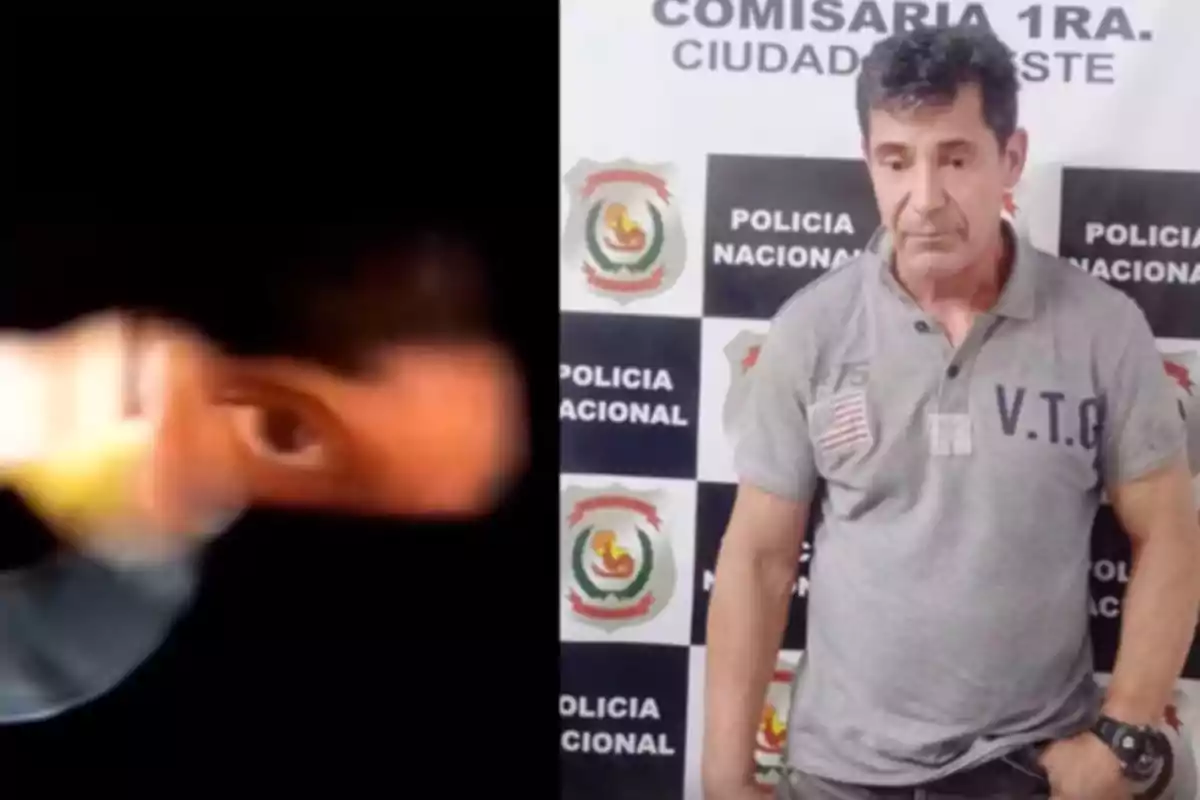 Un hombre aparece en una foto borrosa a la izquierda y en la derecha está de pie frente a un fondo de la policía nacional con expresión seria.