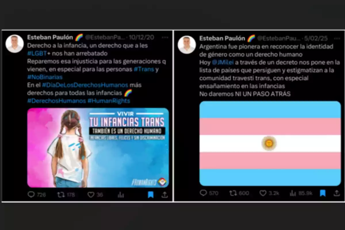 Dos tuits de Esteban Paulón sobre derechos de la infancia trans y la identidad de género en Argentina, uno con una imagen de una niña de espaldas y otro con la bandera trans con el sol argentino en el centro Dos tuits de Esteban Paulón sobre derechos de la infancia trans y la identidad de género en Argentina, uno con una imagen de una niña de espaldas y otro con la bandera trans con el sol argentino en el centro