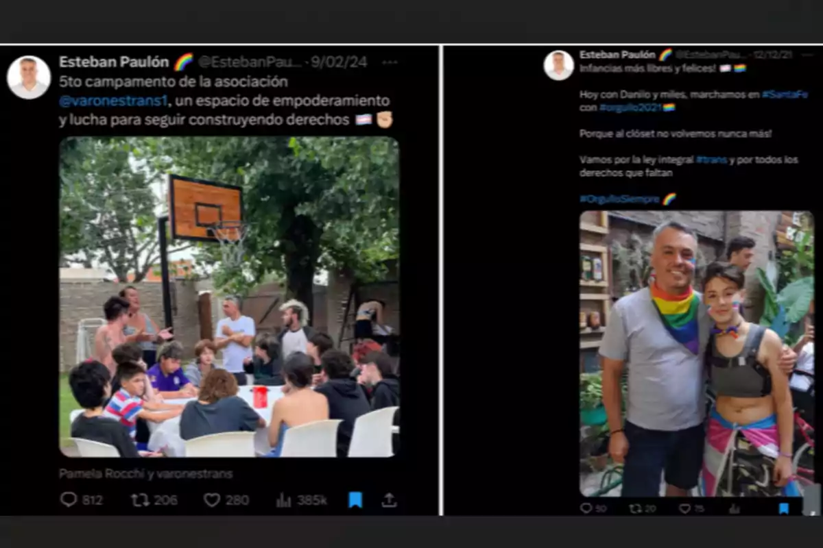 Captura de pantalla que muestra dos publicaciones de Twitter de Esteban Paulón, en la primera se observa un grupo de personas reunidas al aire libre alrededor de una mesa y en la segunda una persona adulta y una joven posan juntas usando banderas y accesorios con los colores del orgullo LGBTQ+ Captura de pantalla que muestra dos publicaciones de Twitter de Esteban Paulón, en la primera se observa un grupo de personas reunidas al aire libre alrededor de una mesa y en la segunda una persona adulta y una joven posan juntas usando banderas y accesorios con los colores del orgullo LGBTQ+