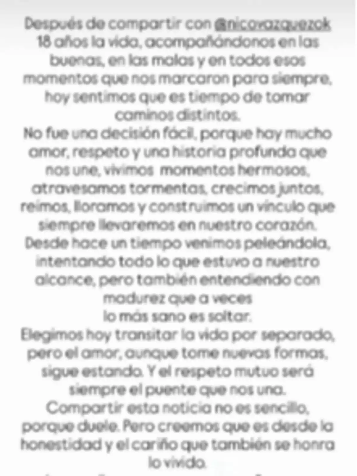 Image with a text in Spanish where a couple announces their separation after 18 years together, explaining that it was a difficult decision made with love and respect, and that although their paths are parting, mutual affection and respect remain. Image with a text in Spanish where a couple announces their separation after 18 years together, explaining that it was a difficult decision made with love and respect, and that although their paths are parting, mutual affection and respect remain.