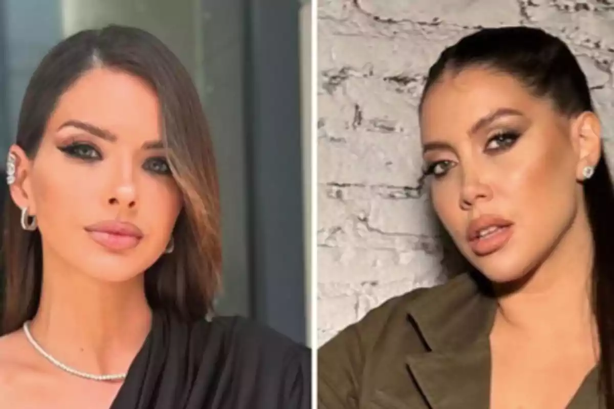 Dos mujeres posan en primer plano, una con el cabello suelto y la otra con el cabello recogido, ambas con maquillaje elegante y fondo neutro.