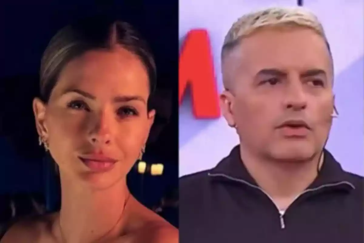 Dos personas aparecen en una imagen dividida, una mujer a la izquierda con fondo oscuro y un hombre a la derecha en un estudio de televisión.