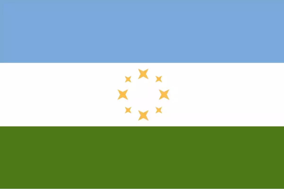 Flag with three horizontal stripes—blue, white, and green—with seven yellow stars in a circle in the center Flag with three horizontal stripes—blue, white, and green—with seven yellow stars in a circle in the center