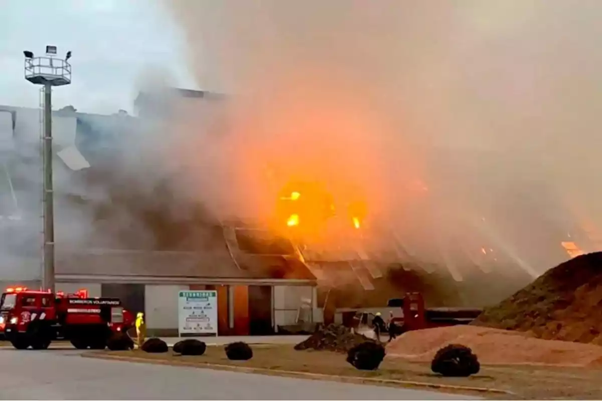 Incendio en una fábrica con humo denso y llamas mientras los bomberos intentan controlar el fuego