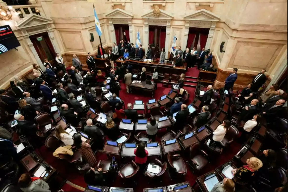 Overview of the Argentine Senate chamber with legislators standing during a parliamentary session Overview of the Argentine Senate chamber with legislators standing during a parliamentary session