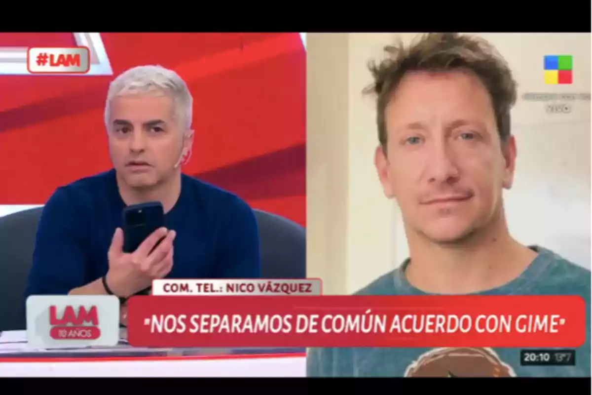 Un conductor de televisión sostiene un celular mientras aparece la imagen de un hombre en pantalla y un cintillo rojo con la frase nos separamos de común acuerdo con Gime Un conductor de televisión sostiene un celular mientras aparece la imagen de un hombre en pantalla y un cintillo rojo con la frase nos separamos de común acuerdo con Gime