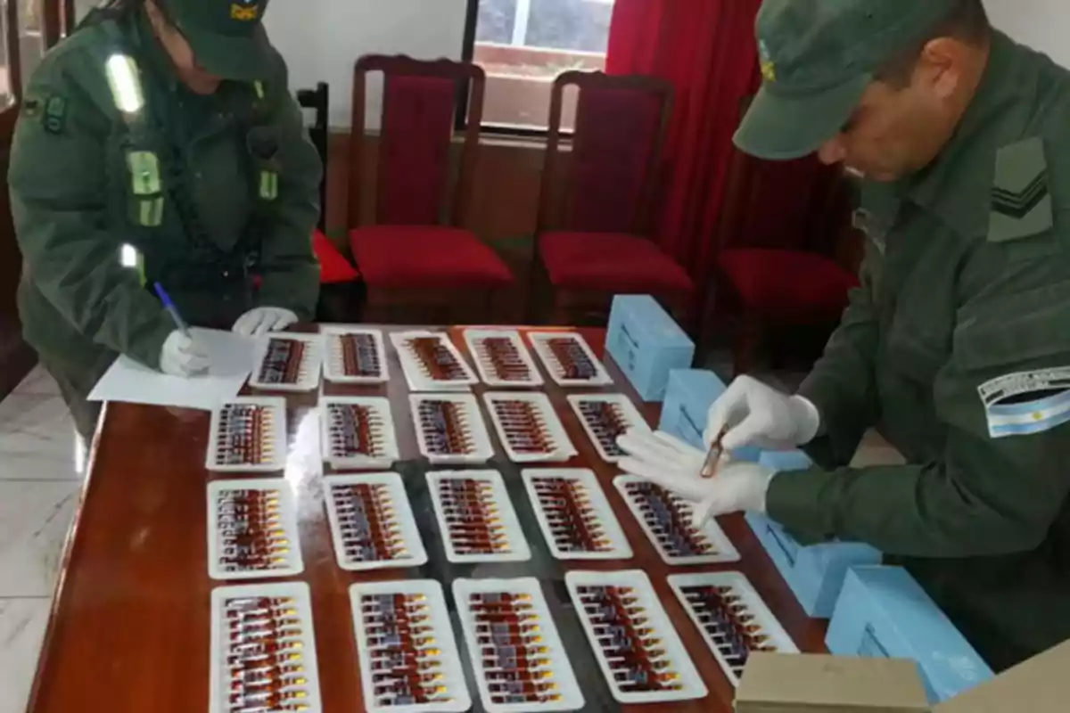 Dos personas uniformadas revisan y registran varias bandejas con ampolletas sobre una mesa