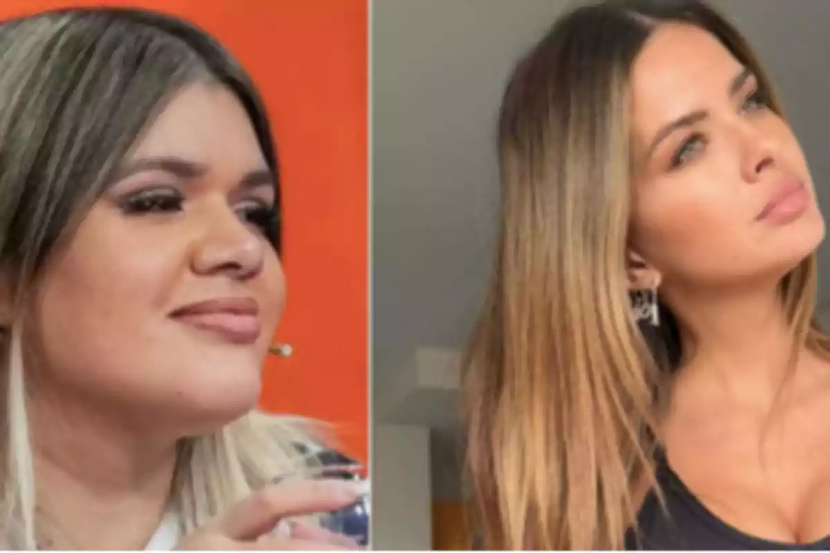 Dos mujeres con cabello rubio posan en diferentes ambientes, una con fondo naranja y la otra con fondo gris