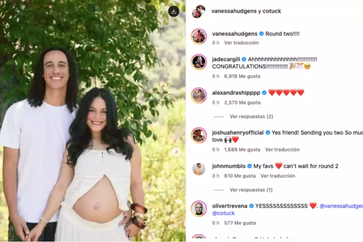 Una pareja sonriente posa al aire libre, la mujer está embarazada y lleva un conjunto blanco, mientras el hombre la abraza por la espalda, al lado derecho se ven comentarios de felicitación en una publicación de Instagram. Una pareja sonriente posa al aire libre, la mujer está embarazada y lleva un conjunto blanco, mientras el hombre la abraza por la espalda, al lado derecho se ven comentarios de felicitación en una publicación de Instagram.