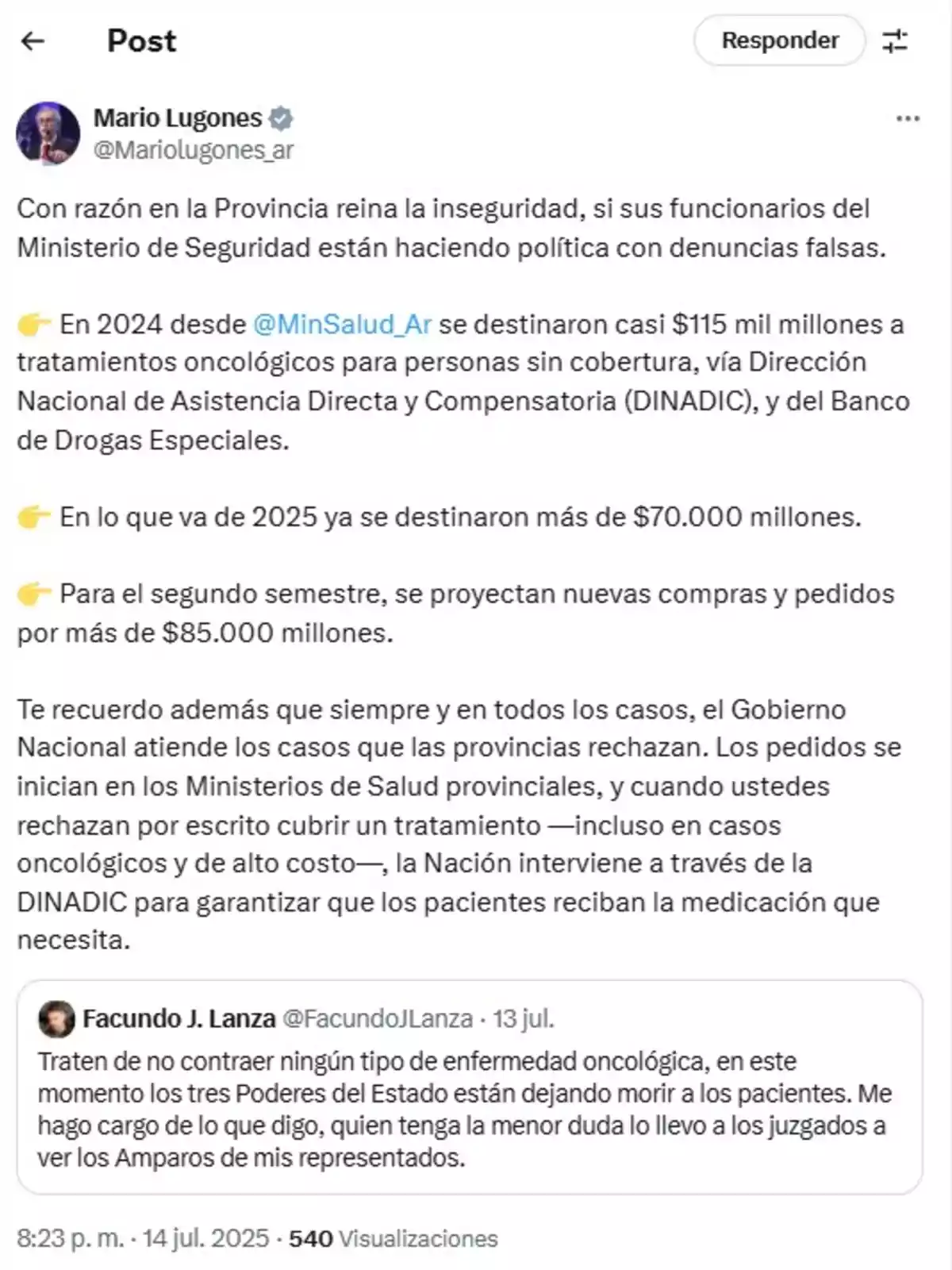 Captura de pantalla de una publicación en la red social X donde Mario Lugones responde a críticas sobre la atención oncológica en Argentina, detallando cifras de inversión estatal en tratamientos y explicando el procedimiento para la provisión de medicamentos a pacientes sin cobertura Captura de pantalla de una publicación en la red social X donde Mario Lugones responde a críticas sobre la atención oncológica en Argentina, detallando cifras de inversión estatal en tratamientos y explicando el procedimiento para la provisión de medicamentos a pacientes sin cobertura