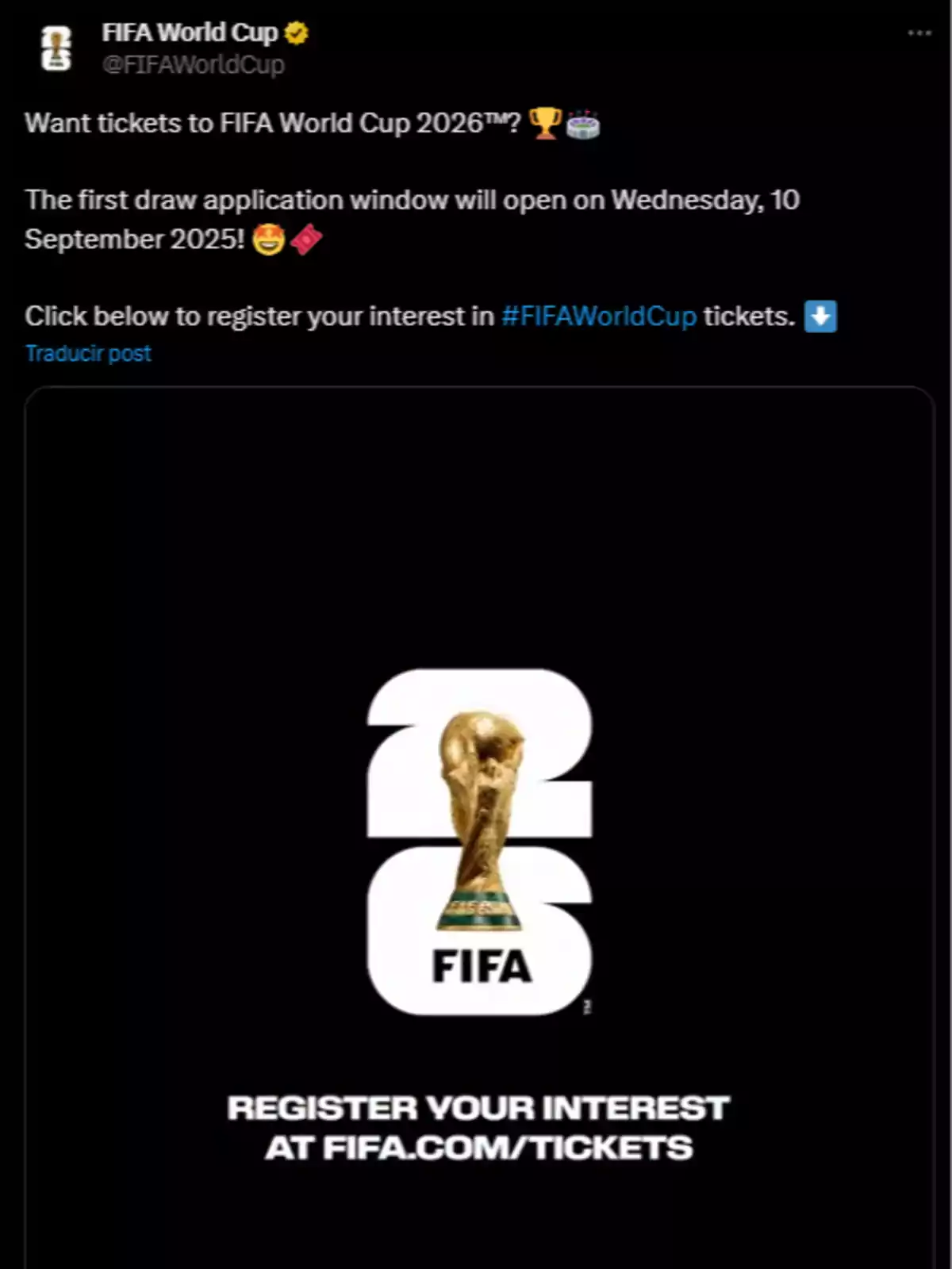 Imagen promocional de la Copa Mundial de la FIFA 2026 con el trofeo en el centro del número 26 y un mensaje invitando a registrarse para boletos en fifa.com/tickets Imagen promocional de la Copa Mundial de la FIFA 2026 con el trofeo en el centro del número 26 y un mensaje invitando a registrarse para boletos en fifa.com/tickets