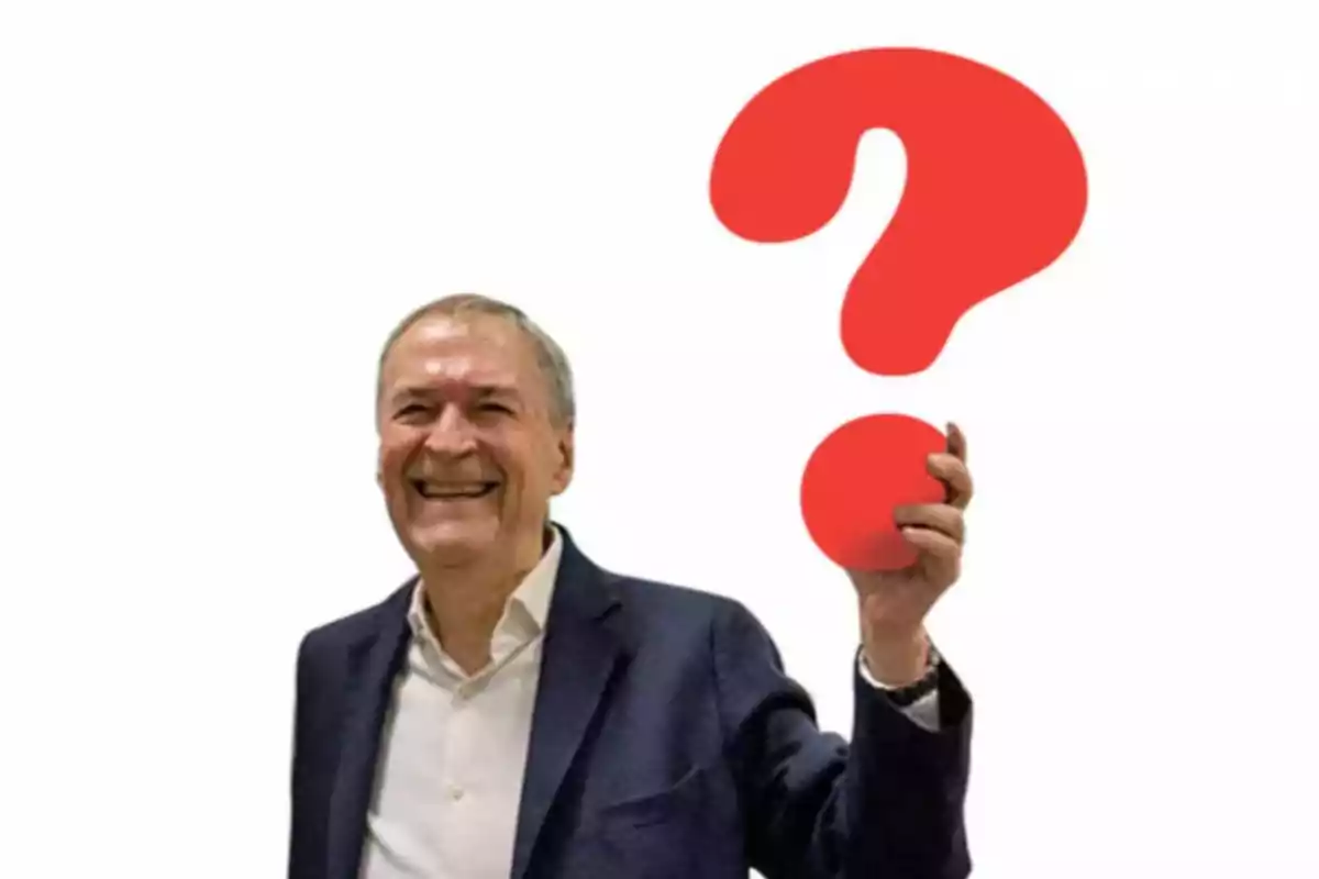 Smiling gray-haired man in a blue jacket holding a large red question mark against a white background