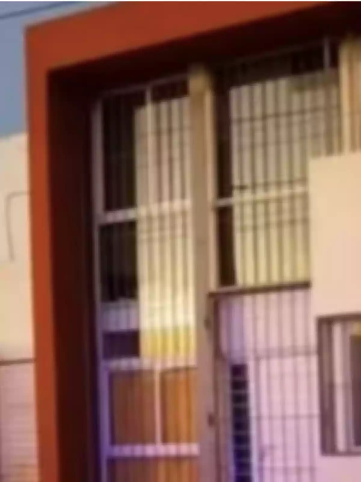 Puerta y ventana protegidas con rejas metálicas en una fachada de color rojo y beige Puerta y ventana protegidas con rejas metálicas en una fachada de color rojo y beige
