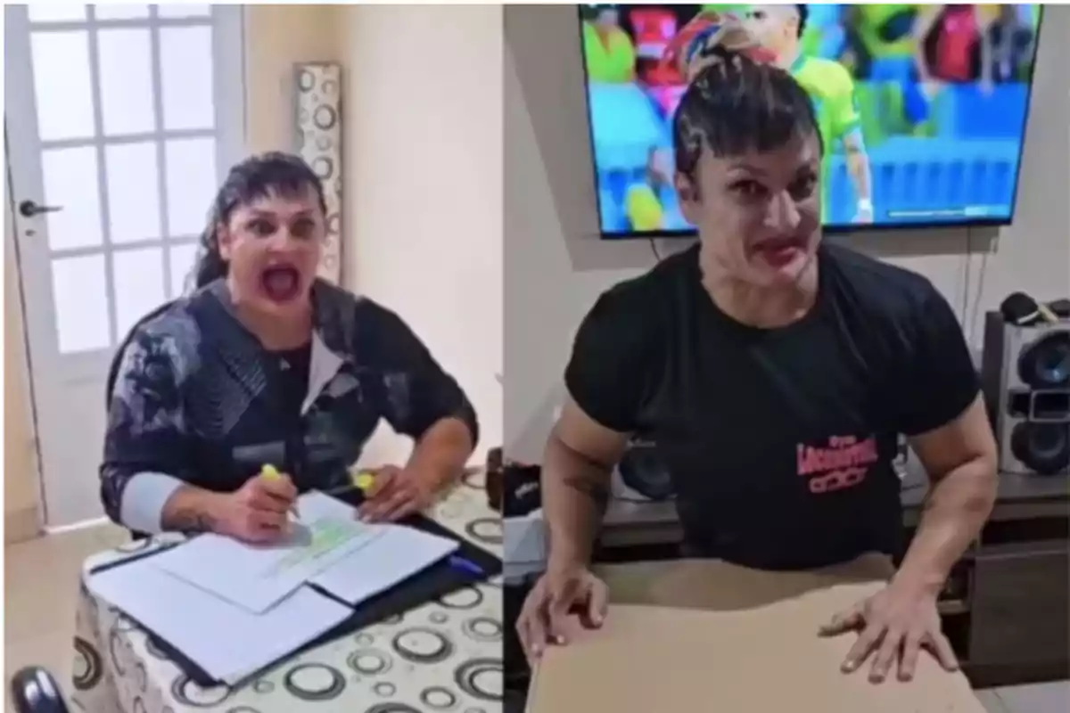 Mujer con expresión facial exagerada en dos situaciones diferentes, una sentada en una mesa con papeles y resaltador, y otra de pie frente a una mesa con una televisión encendida al fondo. Mujer con expresión facial exagerada en dos situaciones diferentes, una sentada en una mesa con papeles y resaltador, y otra de pie frente a una mesa con una televisión encendida al fondo.
