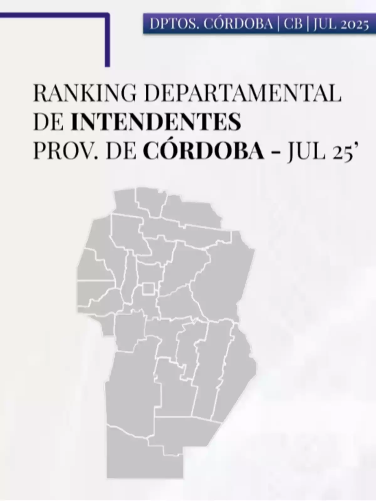 Mapa de la provincia de Córdoba dividido en departamentos con el título ranking departamental de intendentes de Córdoba julio 2025 Mapa de la provincia de Córdoba dividido en departamentos con el título ranking departamental de intendentes de Córdoba julio 2025