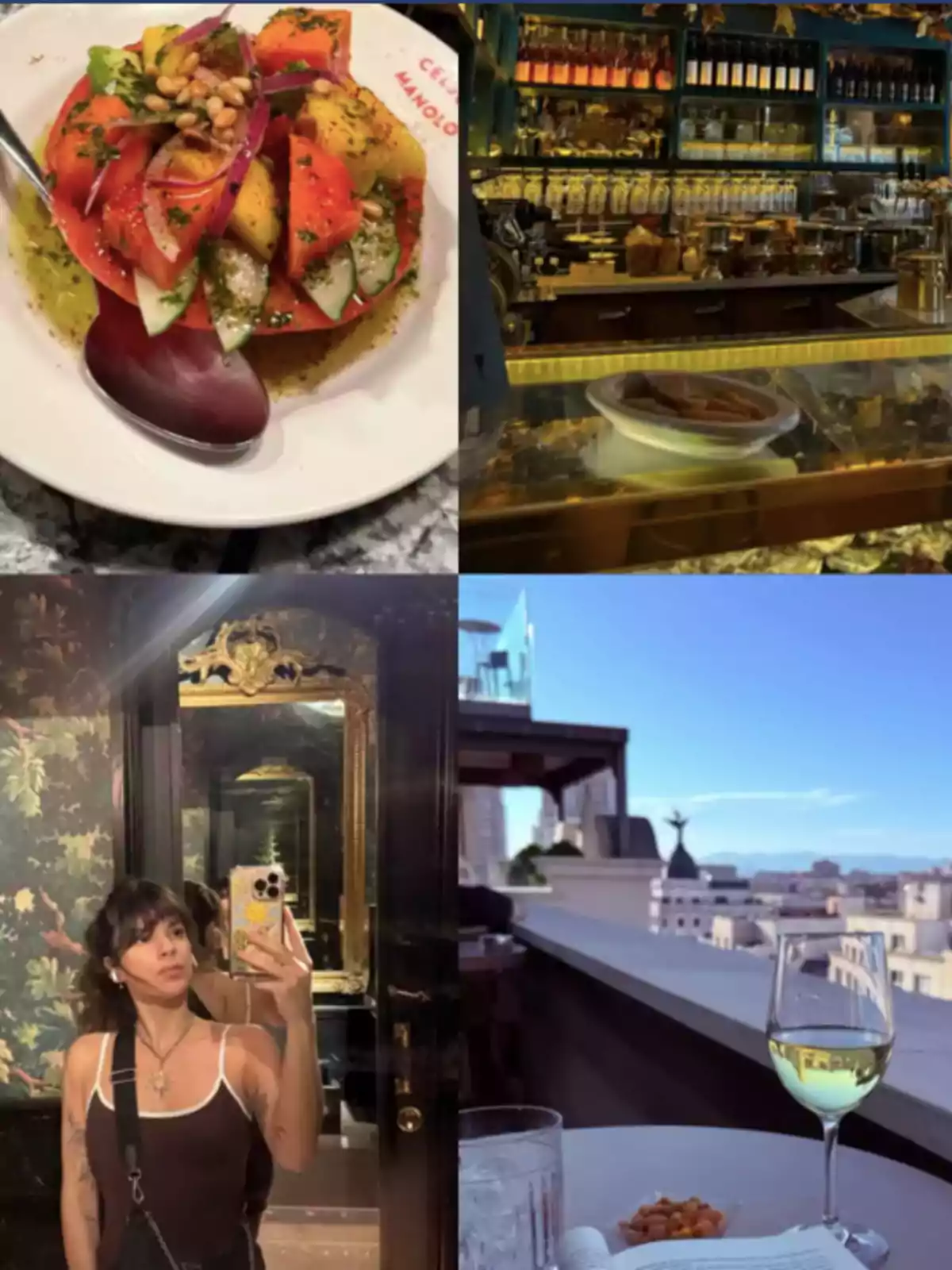 Collage with a colorful salad, an elegant bar counter, a woman taking a selfie in front of a decorated mirror, and a terrace with a glass of wine and a city view Collage with a colorful salad, an elegant bar counter, a woman taking a selfie in front of a decorated mirror, and a terrace with a glass of wine and a city view