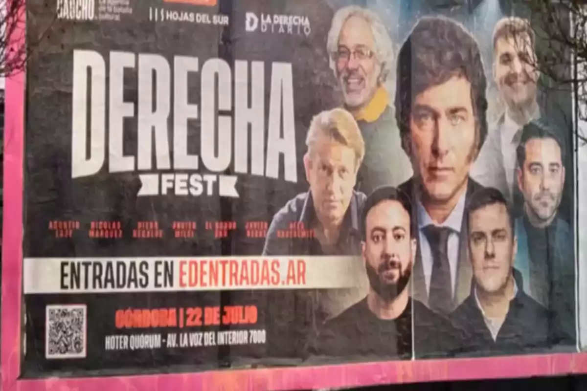 Cartel publicitario de un evento llamado Derecha Fest con varias personas en primer plano y detalles sobre la fecha, lugar y venta de entradas en Córdoba