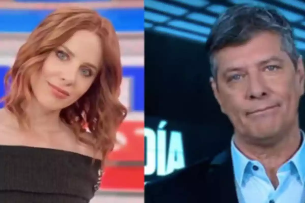 Dos personas posan frente a cámaras en un estudio de televisión, una mujer de cabello rojizo y un hombre de cabello corto y canoso