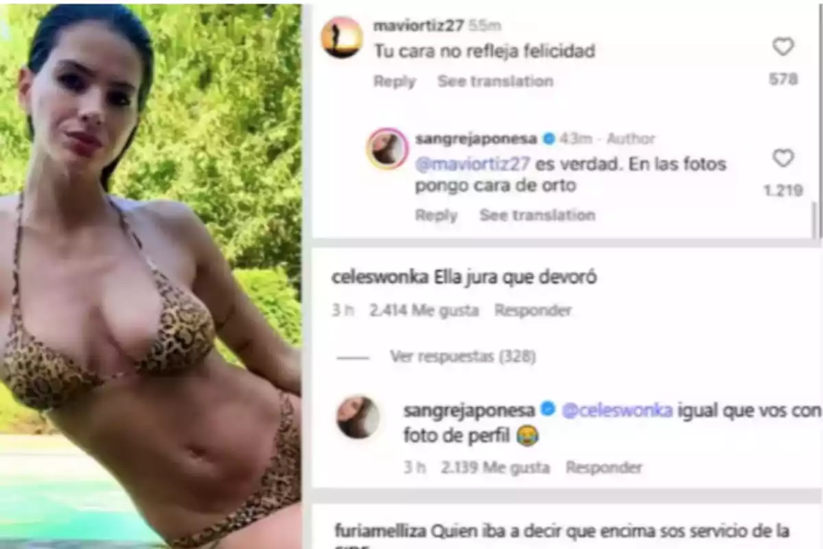 Woman in an animal print bikini posing outdoors by a pool, with social media users’ comments about her facial expression and humorous responses. Woman in an animal print bikini posing outdoors by a pool, with social media users’ comments about her facial expression and humorous responses.
