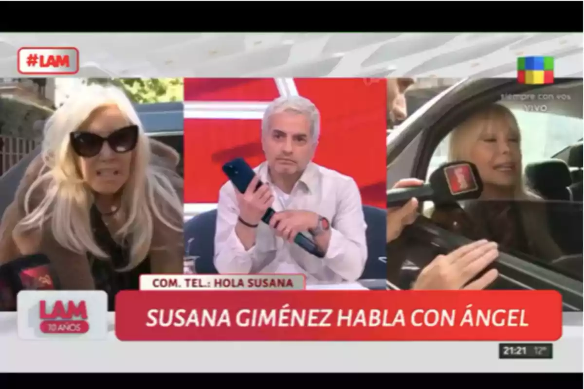 Captura de pantalla del programa de televisión LAM mostrando a Susana Giménez en dos momentos diferentes y al conductor Ángel de Brito en el estudio sosteniendo un teléfono, con el gráfico en pantalla que indica que Susana Giménez habla con Ángel Captura de pantalla del programa de televisión LAM mostrando a Susana Giménez en dos momentos diferentes y al conductor Ángel de Brito en el estudio sosteniendo un teléfono, con el gráfico en pantalla que indica que Susana Giménez habla con Ángel
