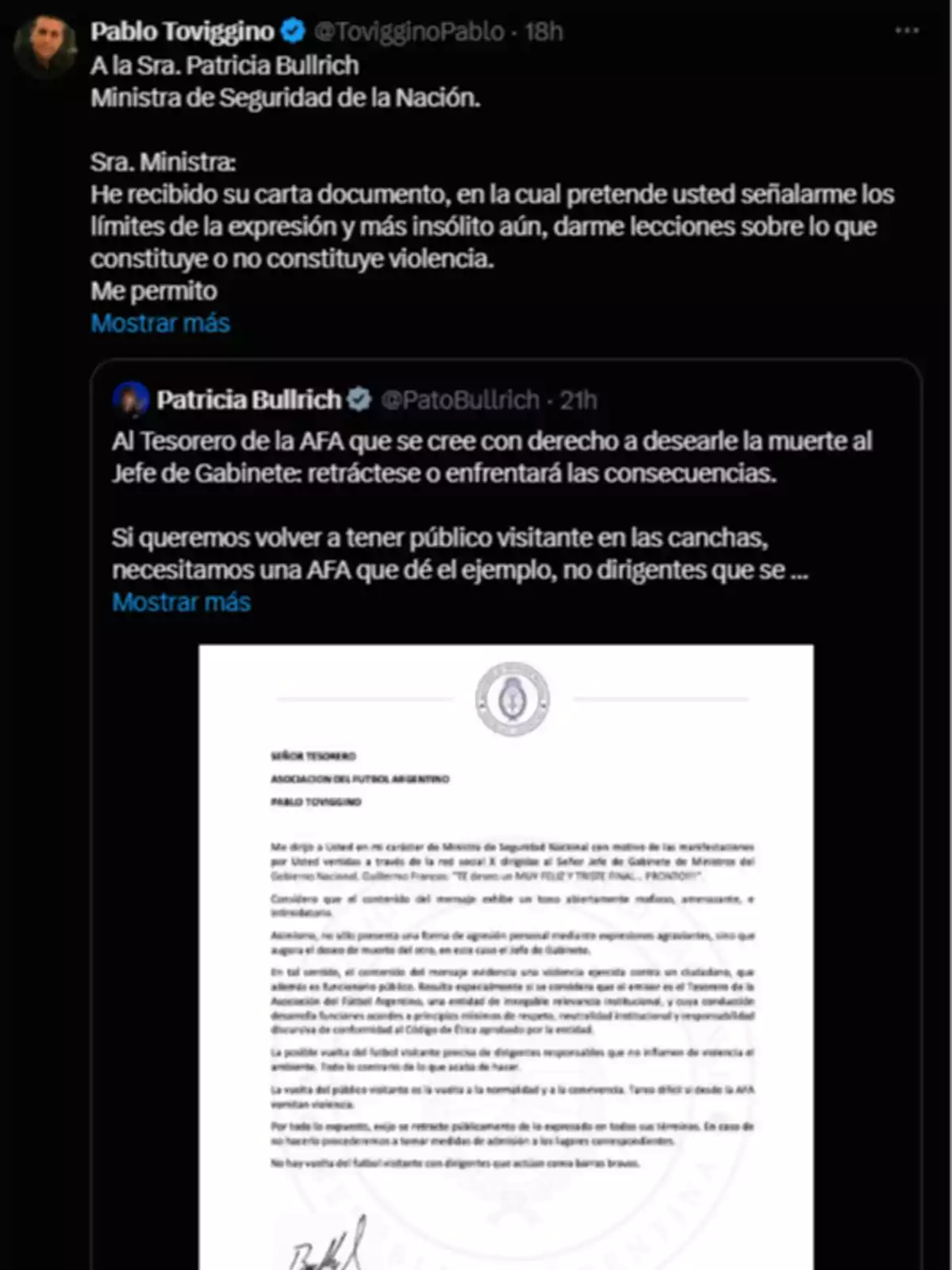 Captura de pantalla de un intercambio en Twitter entre Pablo Toviggino y Patricia Bullrich, donde se muestran mensajes sobre una carta documento enviada por la ministra de Seguridad al tesorero de la AFA, junto con una imagen de la carta oficial. Captura de pantalla de un intercambio en Twitter entre Pablo Toviggino y Patricia Bullrich, donde se muestran mensajes sobre una carta documento enviada por la ministra de Seguridad al tesorero de la AFA, junto con una imagen de la carta oficial.