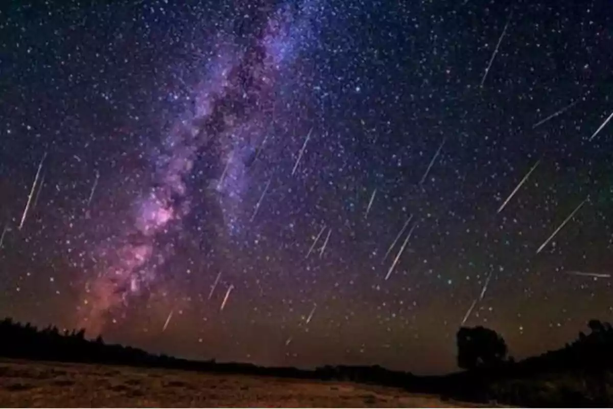 Cielo nocturno con una lluvia de meteoros y la Vía Láctea visible sobre un paisaje oscuro