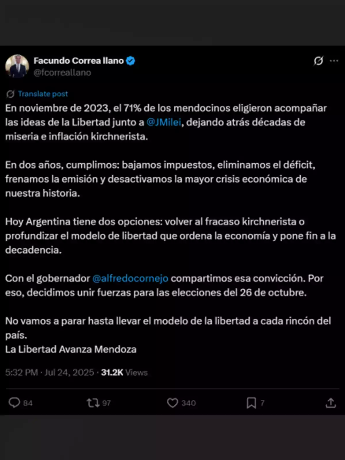 Captura de pantalla de un tuit de Facundo Correa Llano donde se menciona el apoyo de Mendoza a las ideas de Javier Milei, los logros económicos alcanzados en dos años y la decisión de unir fuerzas con Alfredo Cornejo para las elecciones de octubre Captura de pantalla de un tuit de Facundo Correa Llano donde se menciona el apoyo de Mendoza a las ideas de Javier Milei, los logros económicos alcanzados en dos años y la decisión de unir fuerzas con Alfredo Cornejo para las elecciones de octubre