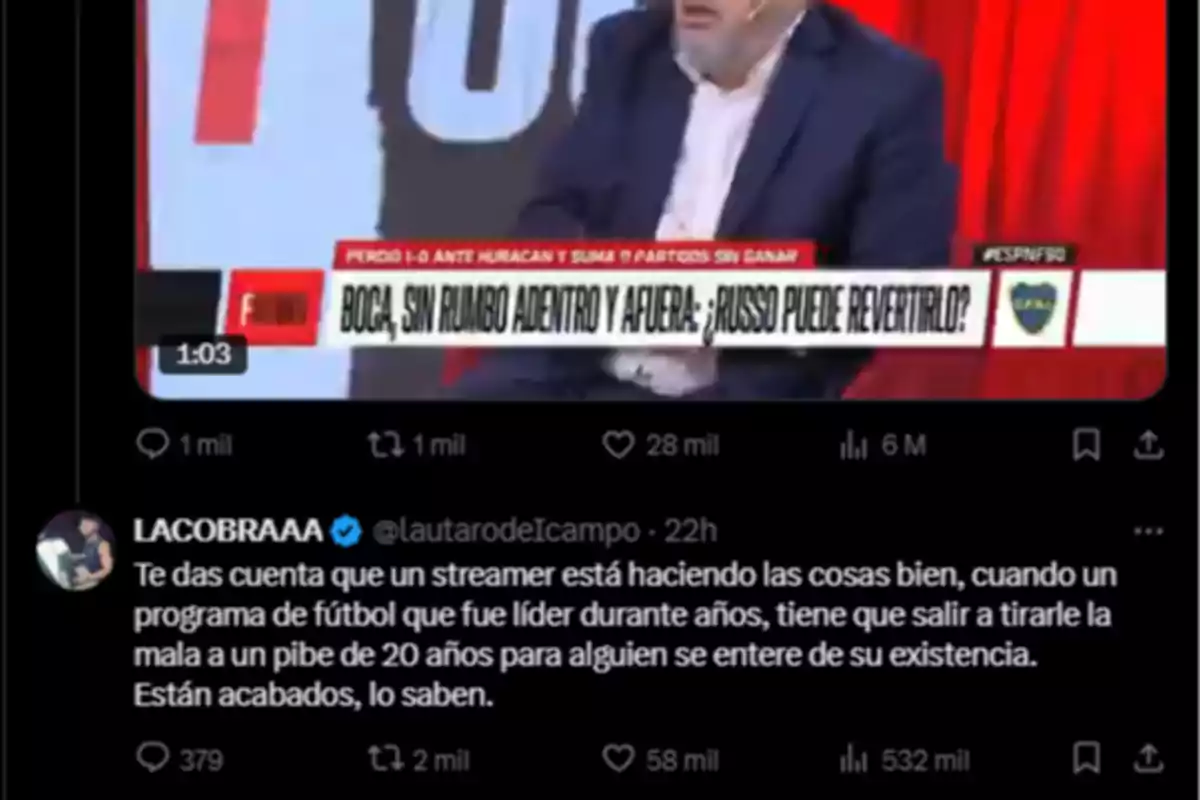Captura de pantalla de un programa deportivo en televisión con un tuit destacado que critica a los programas tradicionales de fútbol por atacar a streamers jóvenes, sugiriendo que lo hacen porque han perdido relevancia. Captura de pantalla de un programa deportivo en televisión con un tuit destacado que critica a los programas tradicionales de fútbol por atacar a streamers jóvenes, sugiriendo que lo hacen porque han perdido relevancia.