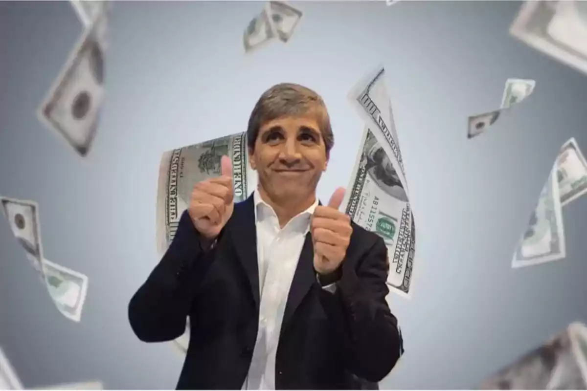 Man in a suit smiling and giving two thumbs up while hundred-dollar bills fall around him