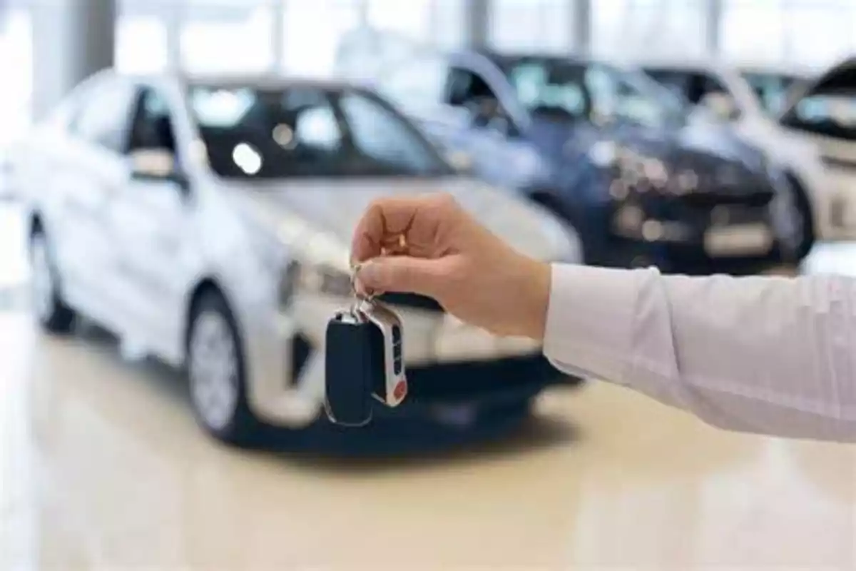 Persona sosteniendo unas llaves de auto en una agencia con varios coches al fondo