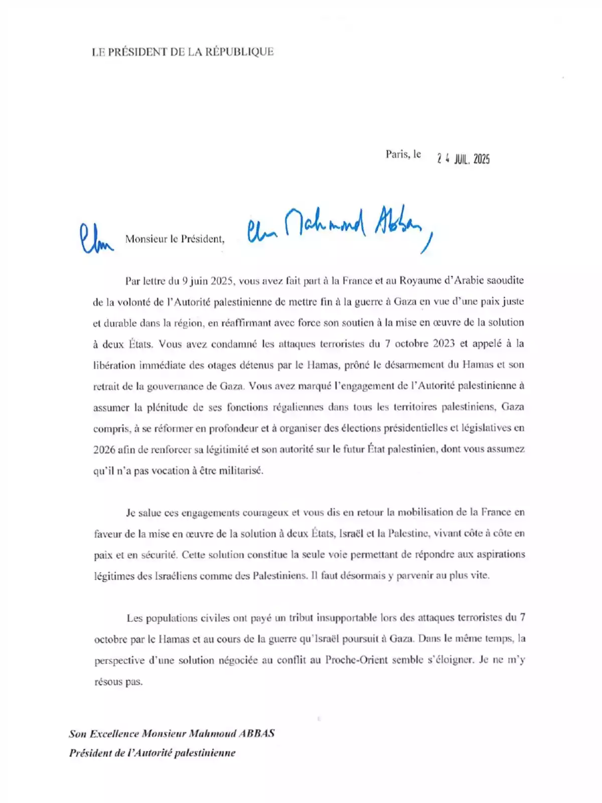 Official letter in French addressed to Mahmoud Abbas, President of the Palestinian Authority, dated July 24, 2025 in Paris, with typed text and handwritten signatures in blue at the top. Official letter in French addressed to Mahmoud Abbas, President of the Palestinian Authority, dated July 24, 2025 in Paris, with typed text and handwritten signatures in blue at the top.