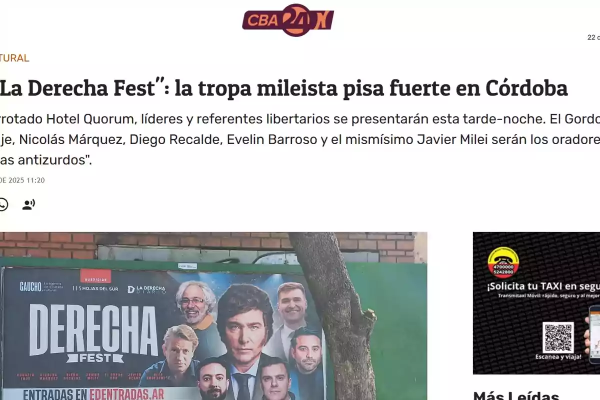 Screenshot of a news story about the La Derecha Fest event in Córdoba, featuring an image of a promotional poster showing the faces of several speakers and the event title Screenshot of a news story about the La Derecha Fest event in Córdoba, featuring an image of a promotional poster showing the faces of several speakers and the event title