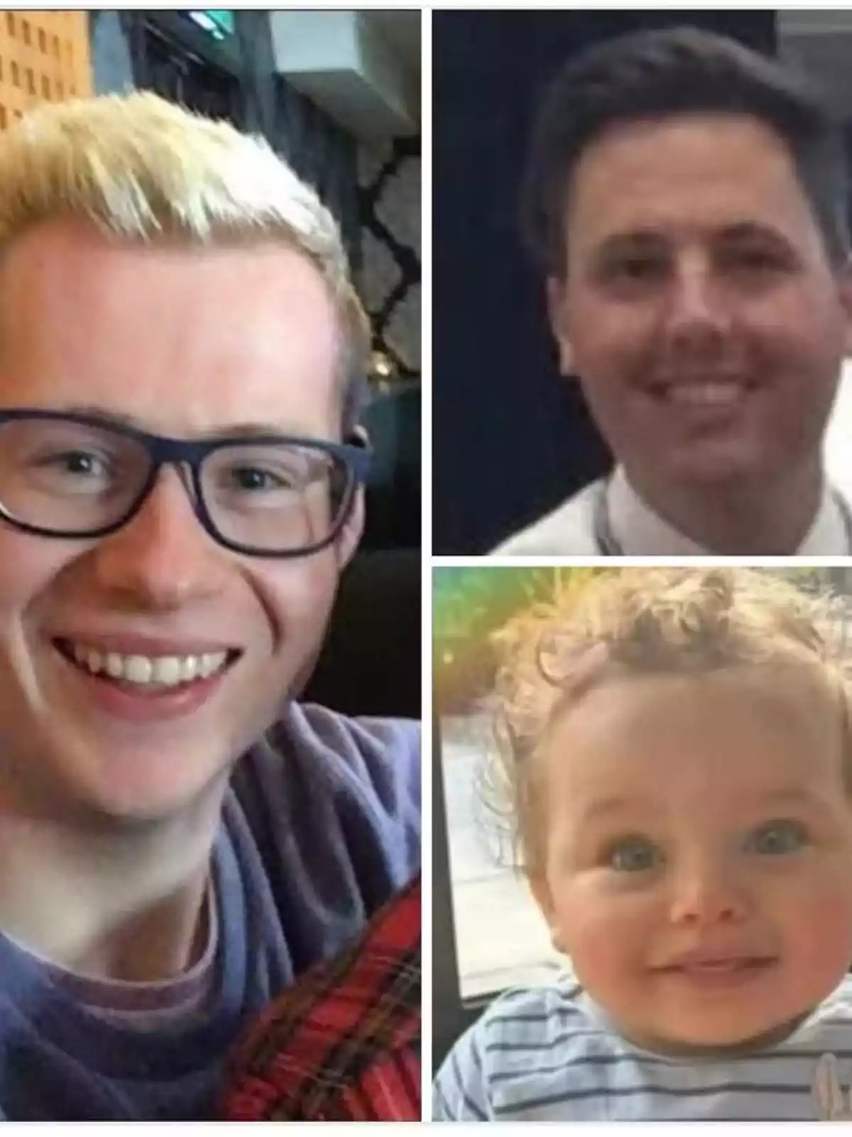 Collage de tres personas donde aparecen dos hombres adultos sonriendo y un bebé con expresión alegre. Collage de tres personas donde aparecen dos hombres adultos sonriendo y un bebé con expresión alegre.