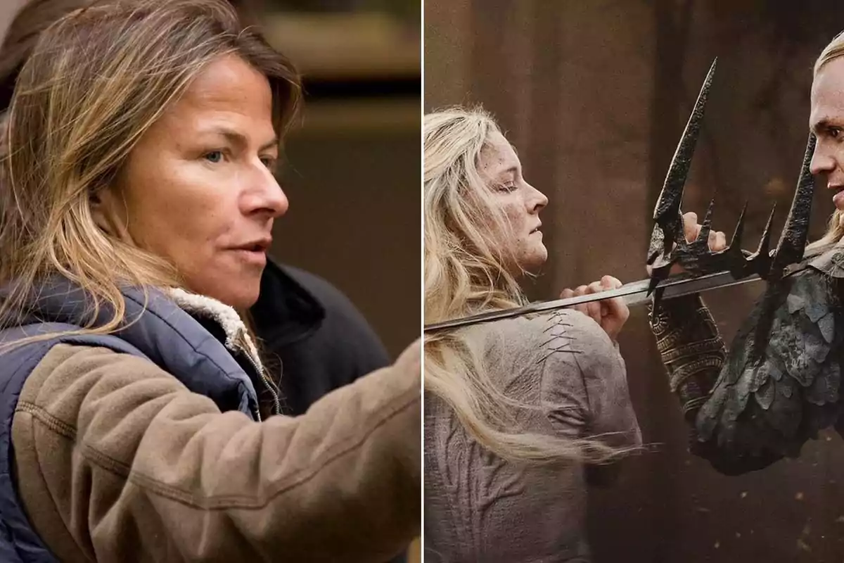 Una mujer de cabello rubio oscuro aparece en primer plano a la izquierda, mientras que a la derecha se muestra una escena de fantasía con dos personajes enfrentándose con armas. Una mujer de cabello rubio oscuro aparece en primer plano a la izquierda, mientras que a la derecha se muestra una escena de fantasía con dos personajes enfrentándose con armas.