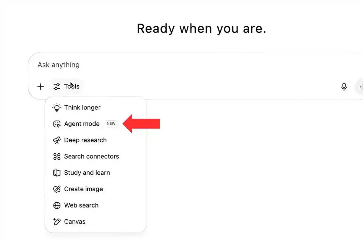 Dropdown tools menu in a search bar with a red arrow pointing to the Agent mode option marked as new Dropdown tools menu in a search bar with a red arrow pointing to the Agent mode option marked as new