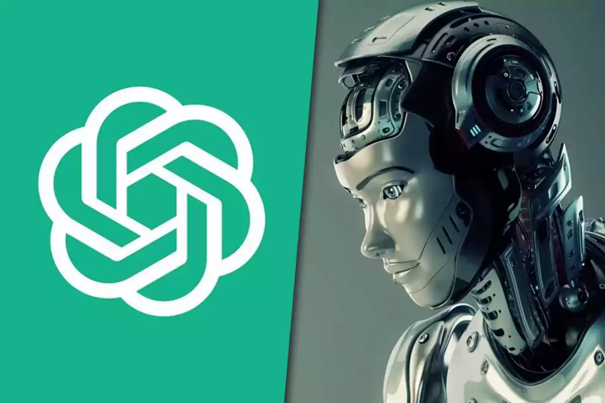 OpenAI logo on the left and a futuristic silver robot on the right over a background split into two colors