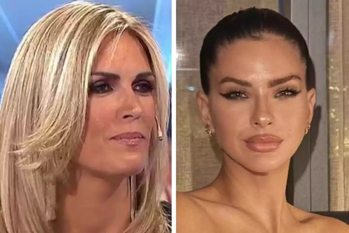 Dos mujeres posan en primer plano una con cabello rubio y lacio y la otra con cabello oscuro recogido ambas con maquillaje marcado
