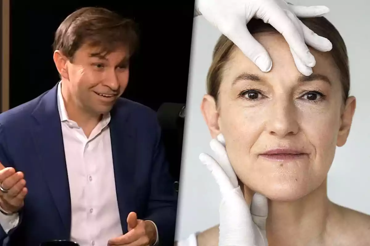 A man in a blue jacket speaking and a woman having her face examined by hands wearing white gloves