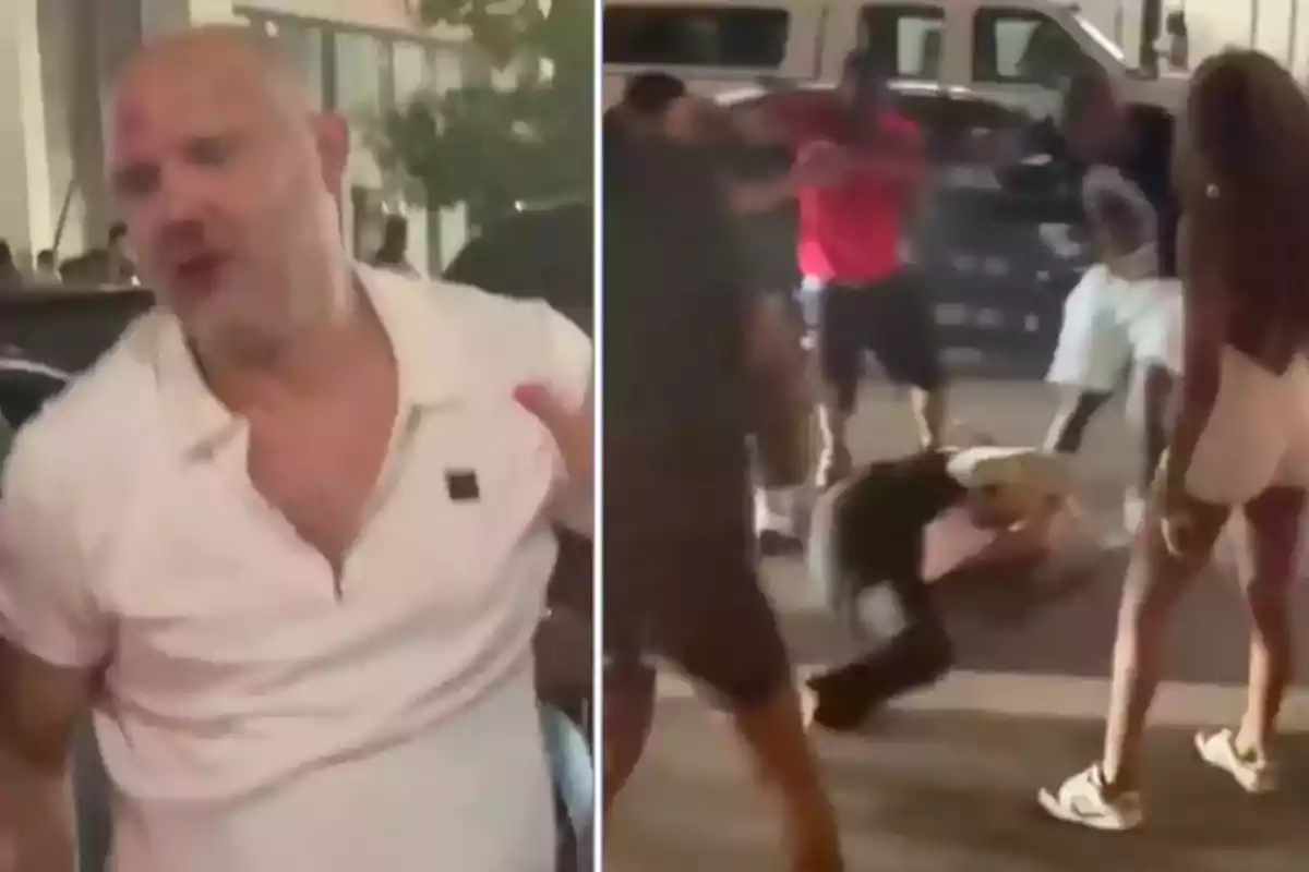 Un hombre con camisa blanca aparece a la izquierda mientras a la derecha varias personas rodean a alguien en el suelo en una calle por la noche Un hombre con camisa blanca aparece a la izquierda mientras a la derecha varias personas rodean a alguien en el suelo en una calle por la noche