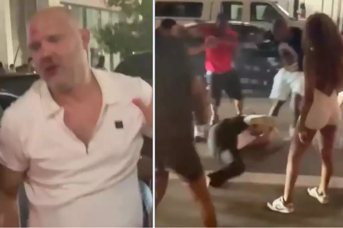 Un hombre con camisa blanca parece herido mientras en la otra parte de la imagen varias personas rodean a alguien en el suelo en una calle por la noche