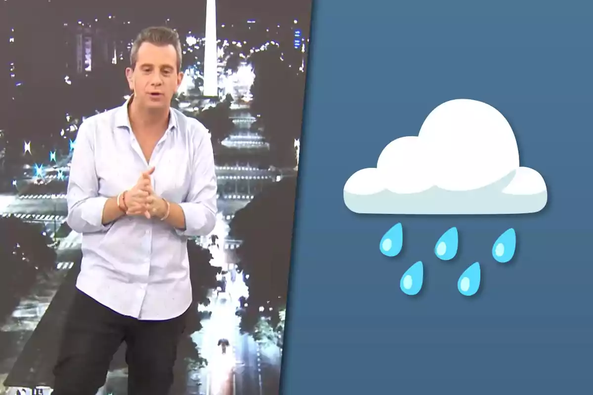 Hombre de pie frente a una imagen nocturna de una ciudad junto a un gráfico de nube con gotas de lluvia sobre fondo azul