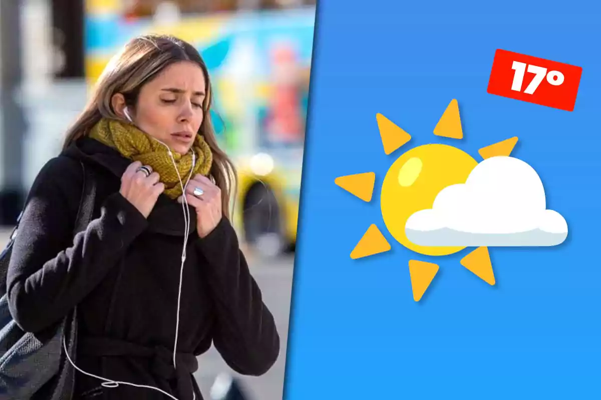 Mujer abrigada con bufanda y auriculares caminando al aire libre junto a un gráfico de clima soleado con nubes y una temperatura de 17 grados.