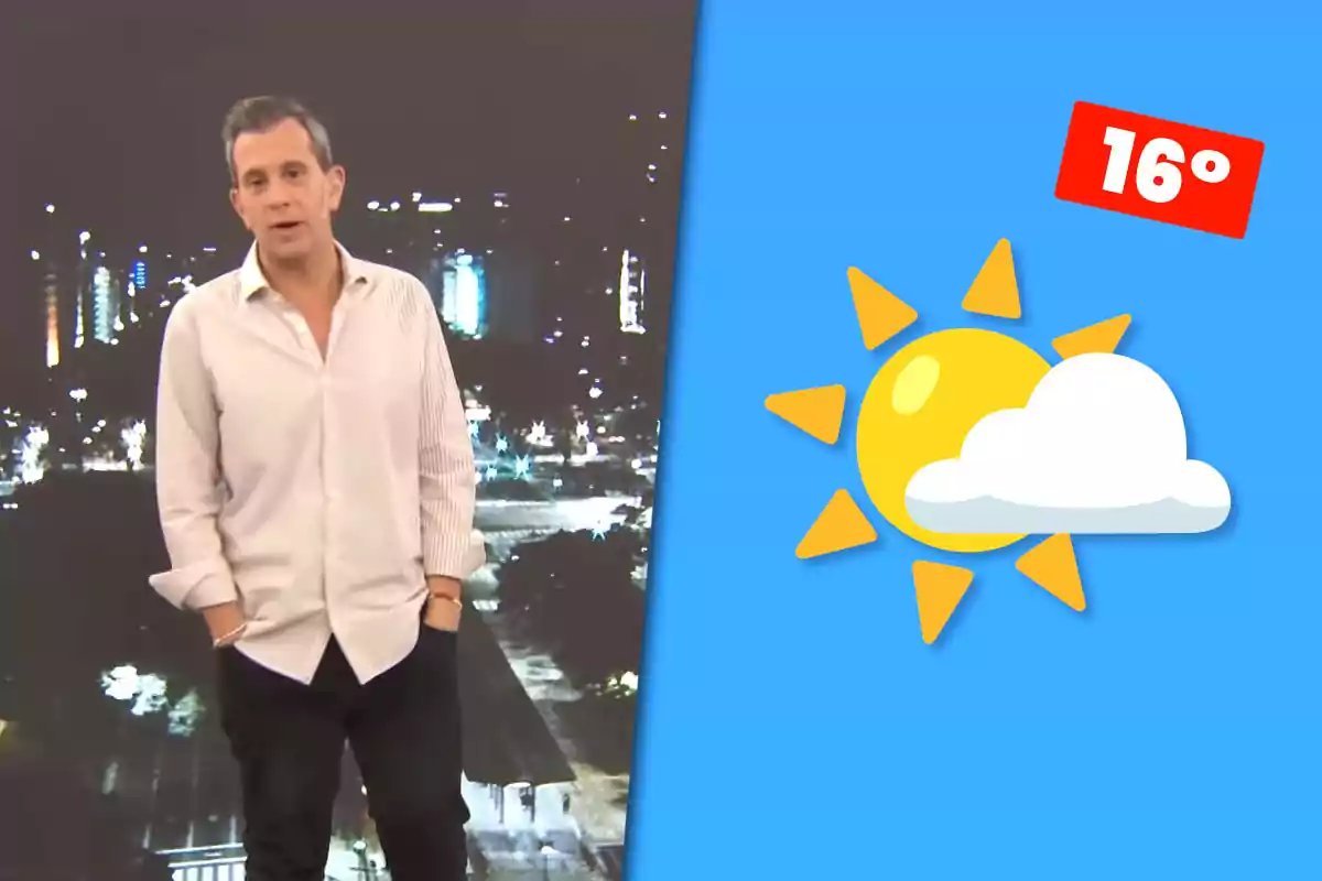 Hombre de pie con camisa clara frente a una ciudad iluminada de noche junto a un gráfico de clima soleado con una nube y la temperatura de 16 grados en fondo azul