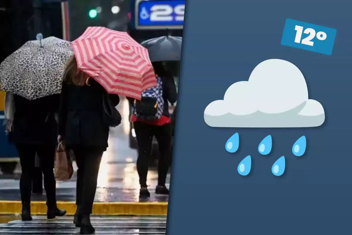 Personas caminando bajo la lluvia con paraguas y un gráfico que muestra una nube con gotas de lluvia y una temperatura de 12 grados