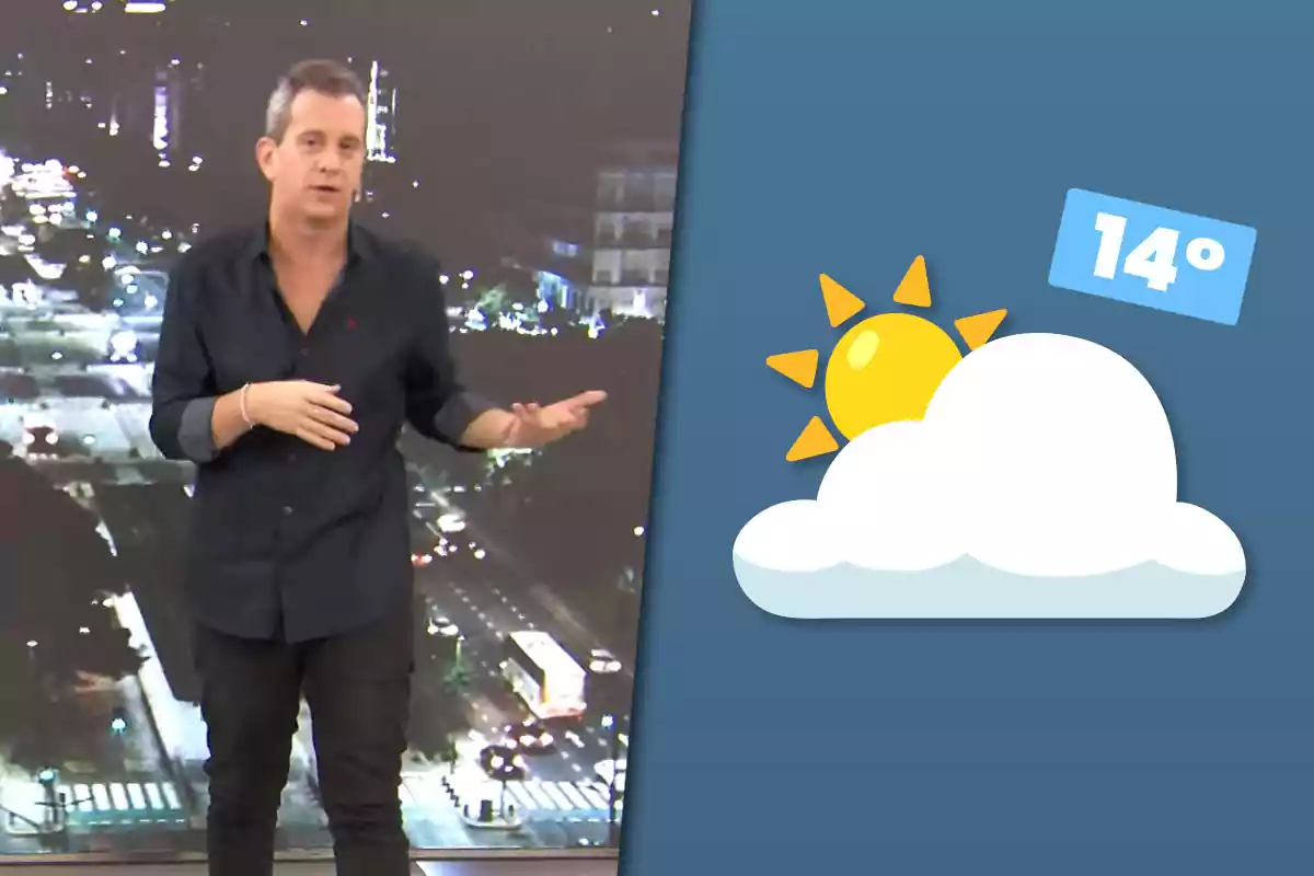Man standing in front of a city lit up at night next to a weather graphic with a sun, cloud, and a temperature of 14 degrees.