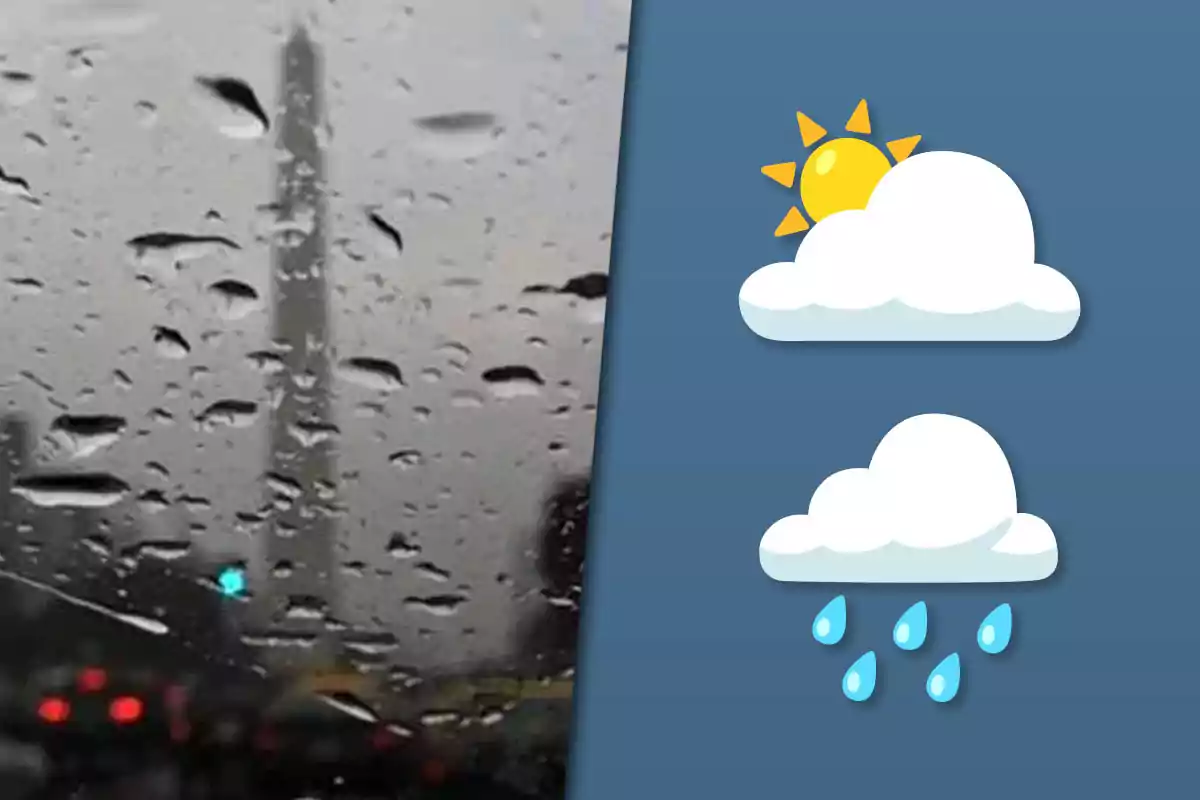 Window with raindrops and traffic in the background, along with illustrations of sunny and rainy weather on a blue background