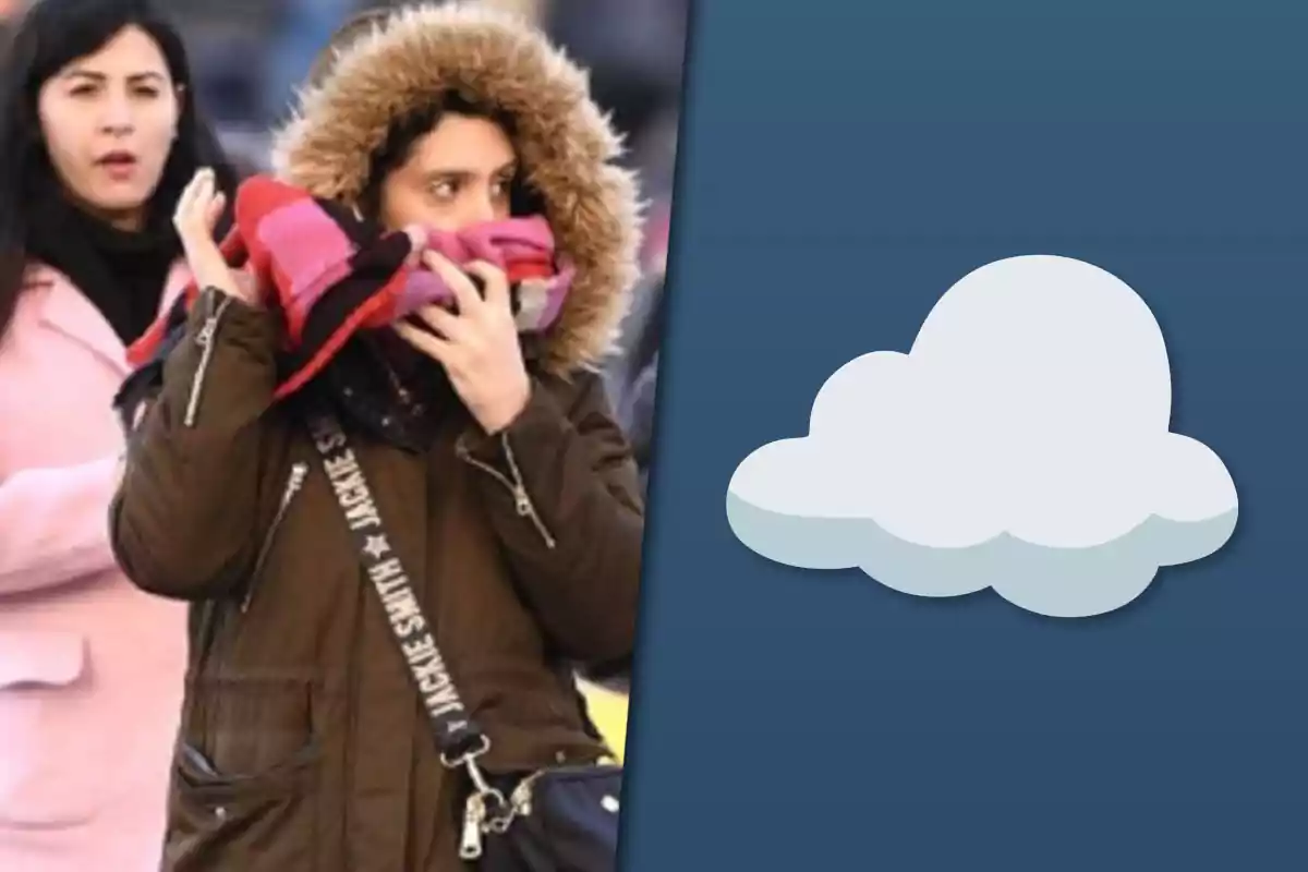 Mujer abrigada con bufanda y capucha caminando en clima frío junto a otra persona y un dibujo de nube al lado