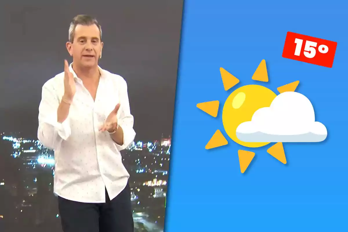 Un hombre con camisa blanca presenta el clima en televisión junto a un gráfico de sol, nube y temperatura de 15 grados sobre fondo azul.