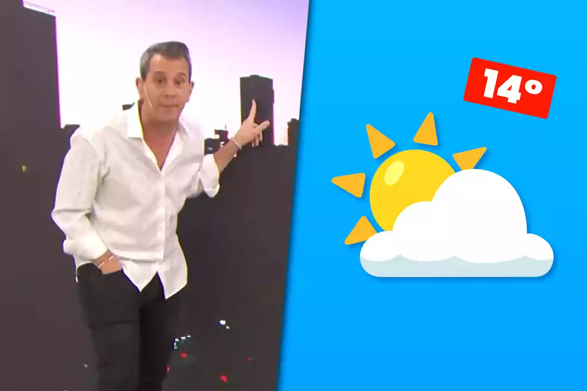 Hombre con camisa blanca presentando el clima con un fondo de ciudad al atardecer y un gráfico de sol, nube y temperatura de 14 grados en un fondo azul
