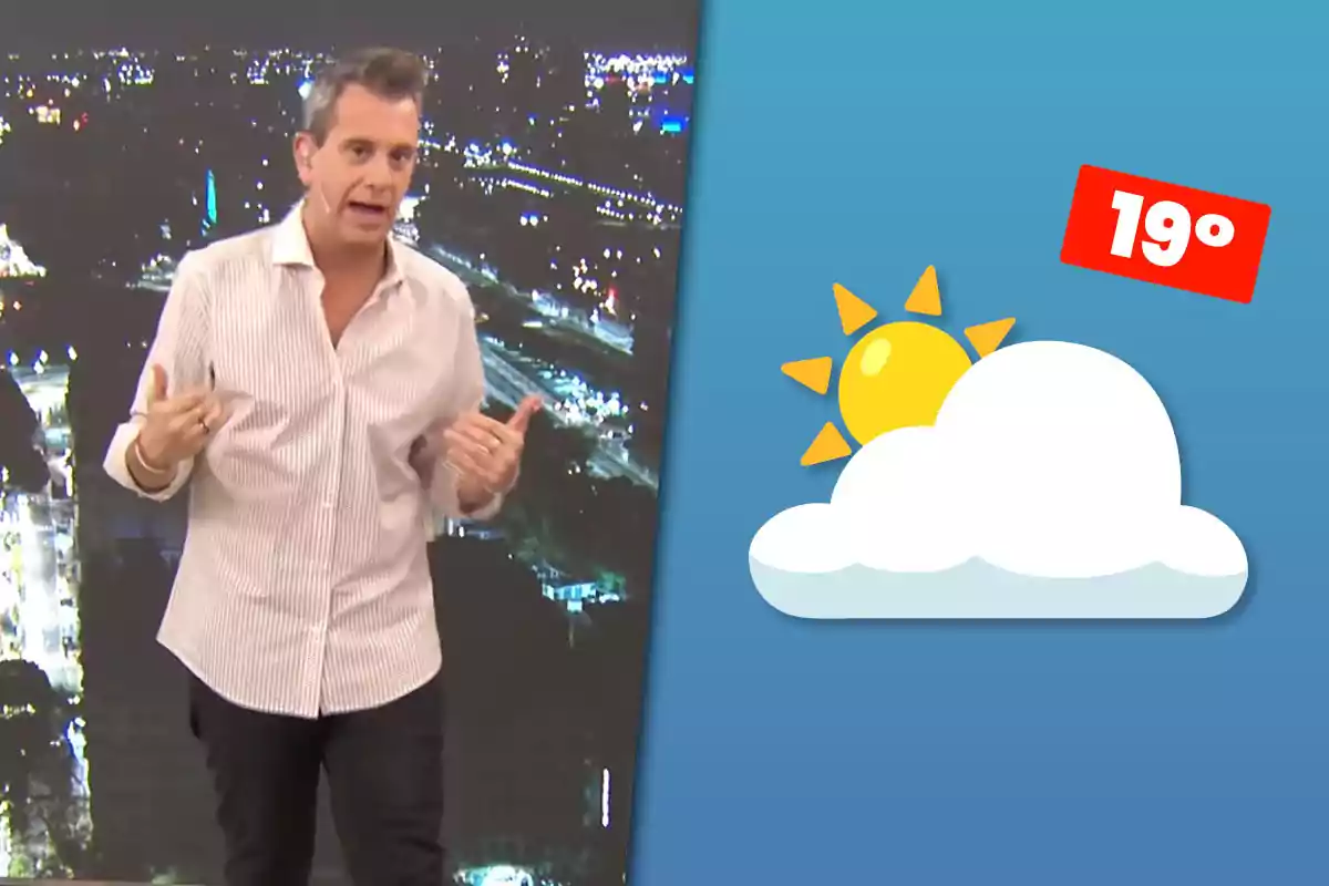 Man presenting the weather with a nighttime city background and a graphic of a partly cloudy sun with a temperature of 19 degrees.